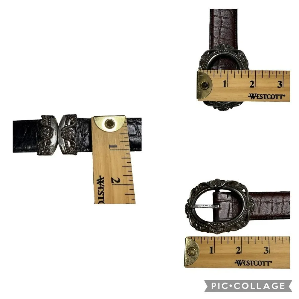 Vintage Reversible Leather Belt Brown Black Ornate Silvertone Embellishments L